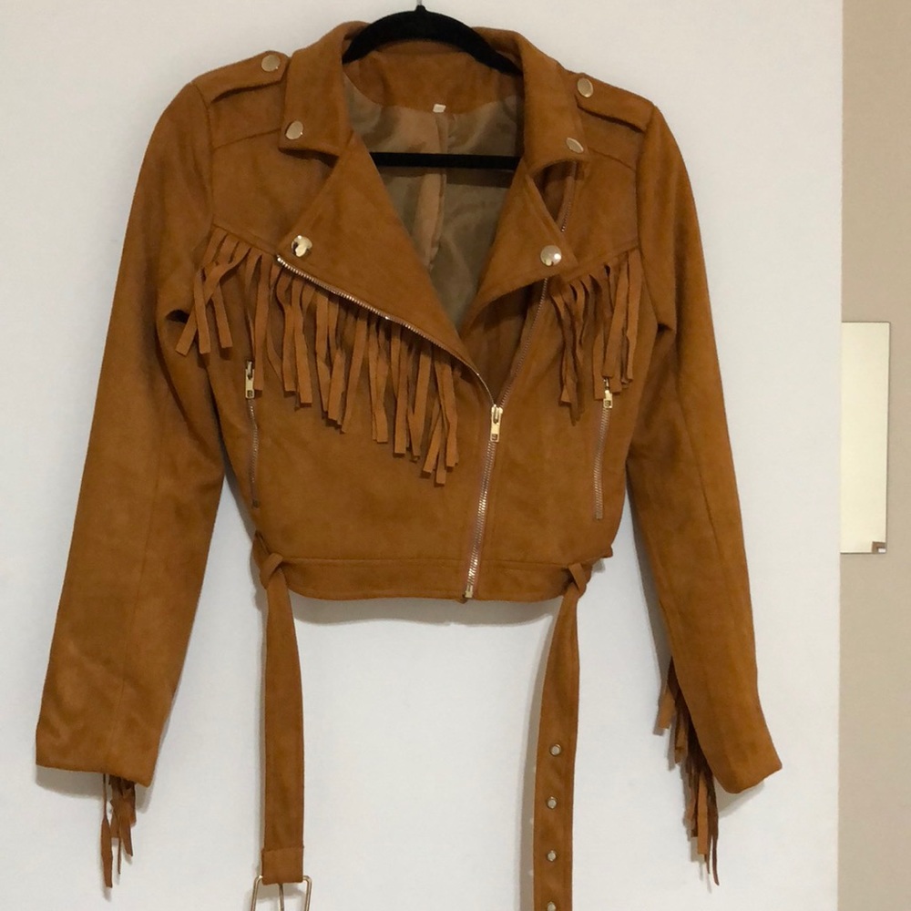 Cropped fringe moto jacket